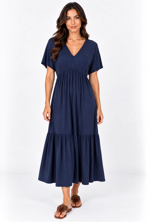 Vestido midi Leblon decote v marinho.